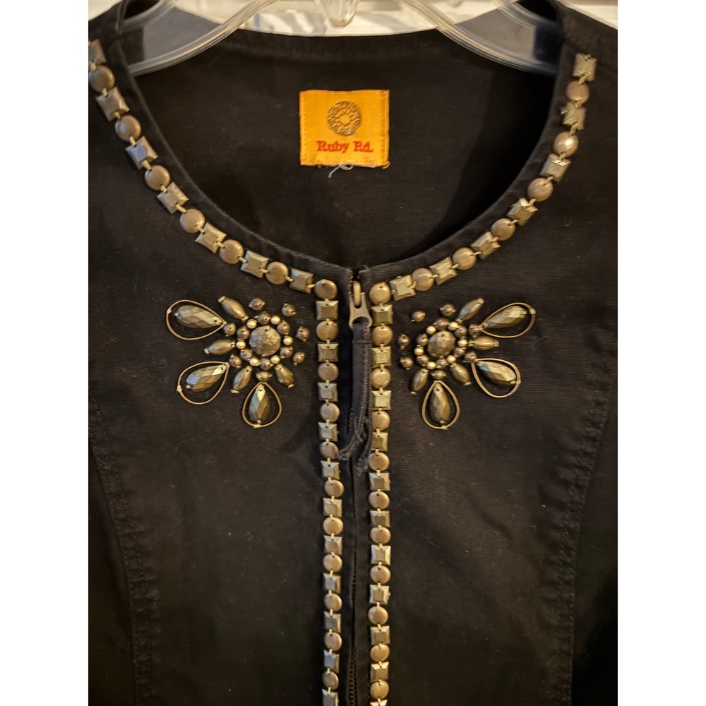 Ruby Rd Black Embellished Zipper Front Jacket Womens‎ 3/4 Sleeve